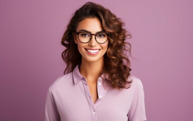 Wall Mural - A woman with curly hair and glasses is smiling for the camera. She is wearing a pink shirt and she is happy