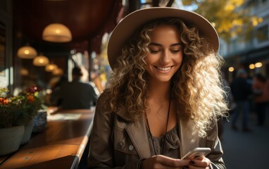 Wall Mural - A woman with long hair is sitting at a table with a cell phone in her hand. She is smiling and she is enjoying herself