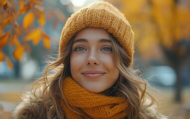 Wall Mural - A woman wearing a yellow hat and scarf is smiling. She has long brown hair and blue eyes