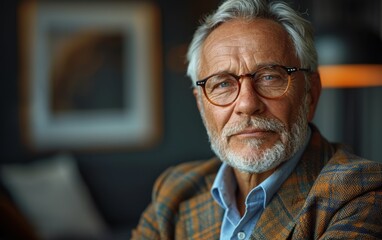 Poster - A man with glasses and a beard is sitting in a chair. He is wearing a plaid jacket and a blue shirt