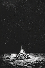 Sticker - A black and white sketch of a campfire under the stars