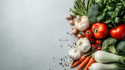 Wall Mural - An assortment of fresh vegetables including tomatoes, garlic, carrots, and herbs laid out on a countertop. This image radiates the vibrancy and bounty of healthy produce.