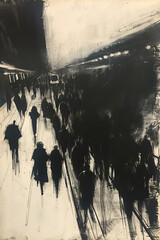 Wall Mural - A black and white sketch of a bustling train station
