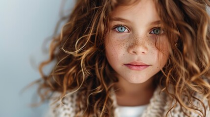 A close-up portrait of a young girl with curly hair, blue eyes, and freckles, bathed in soft natural light, capturing innocence and charm.