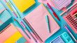 © Mahmud - Top View Composition: The scene is captured from above, providing a clear view of several school notebooks arranged side by side. This angle allows for easy comparison of different designs and colors.