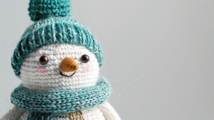 Sticker - Handcrafted snowman doll with festive hat on white backdrop space for text Festive theme