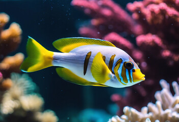 Wall Mural - Close up with an exotic yellow fish underwater