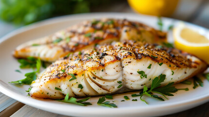 photo of a perfectly grilled tilefish fillet with lemon and herbs on a white plate