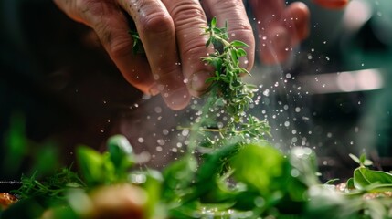 Hands chopping fresh herbs in a rustic kitchen during daylight, adding flavor to a meal with vibrant green ingredients