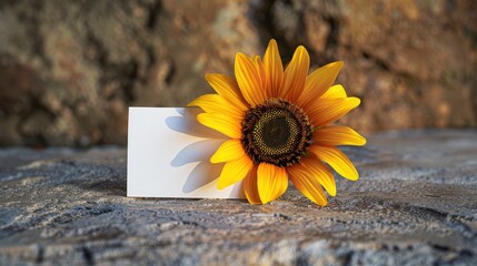 Wall Mural - Plastic sunflower on white card on stone table