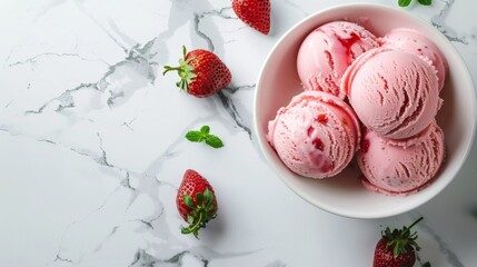 Wall Mural - Strawberry Ice Cream Scoops in Bowl on Marble Background with Fresh Berries