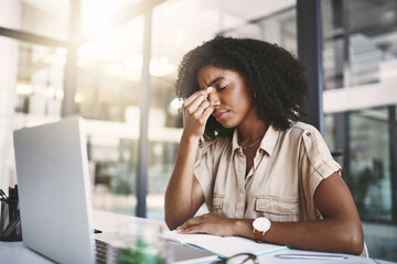 Aufkleber - Frustrated woman, stress and laptop with headache in depression, pain or debt at office. Tired female person or employee with migraine, mistake or pressure in fatigue, burnout or loss at workplace