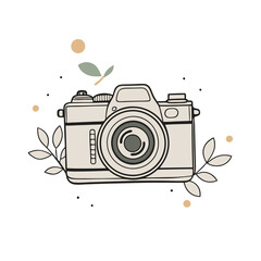 A  drawing of a vintage camera  adorned with simple floral elements and dots