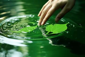 Symbolic ecological gesture  hand touching pure green river water in nature on sunny day