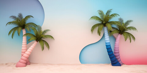 Wall Mural - scene of palm trees and beach background, summer advertising, sales and promotion. empty space for text