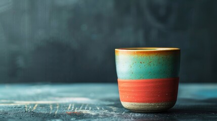 Wall Mural - Trendy Bright Colors in Close up Ceramic Cup Dark Background with Copy Space