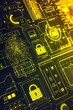 © IQRA - Cyber security icons of fingerprint and safe on a network firewall interface, radiant yellow elements,