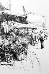 Wall Mural - A black and white sketch of a bustling farmers market