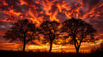 Wall Mural - A sunset over a field with four trees in the foreground