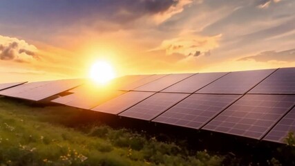 Wall Mural - Scenic sunset view of solar panel farm blending agriculture and renewable energy. Concept Sunset Views, Solar Panels, Agriculture, Renewable Energy, Scenic Landscapes