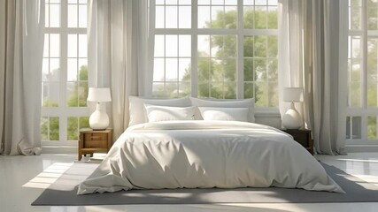 Wall Mural - Bedroom with a Large Window and White Bed. Concept Home Decor, Bedroom Interiors, Large Window, White Bed