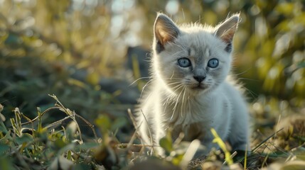 Canvas Print - White gray kitten with blue eyes playing outdoors on a sunny day Advertising area included