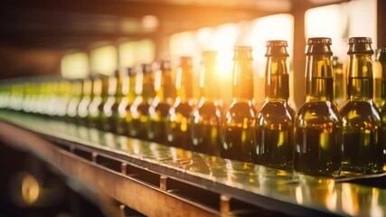 Wall Mural - Beer bottle moving along a modern production line. Concept Manufacturing process, Beer production, Industrial technology, Factory automation