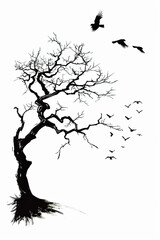 Wall Mural - A black and white drawing of a tree surrounded by birds