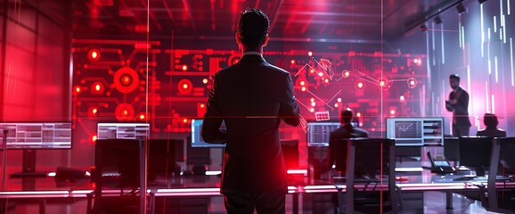 Cybersecurity team analyzing threat data in a high-tech room, with a business person leading, intense red lights,