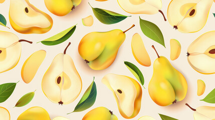 Wall Mural - Juicy pear pattern with seamless style. Sweet fruit background. Vector design. Summer freshness for a healthy lifestyle. Perfect for backgrounds, juices, ice creams or packaging.