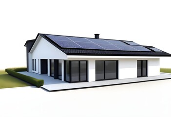 A modern two-story house with a flat roof, solar panels on the roof, and a large window facade, echo-friendly, zero emission, moder, sustainability