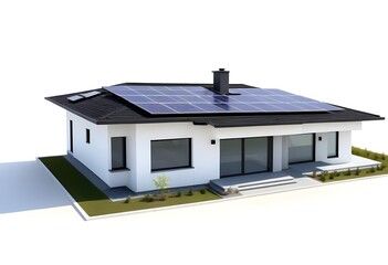 A modern two-story house with a flat roof, solar panels on the roof, and a large window facade, echo-friendly, zero emission, moder, sustainability