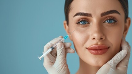 Young woman receiving beauty injection, getting botox in eye area as anti-wrinkle treatment over blue studio background, copy space