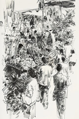 Wall Mural - A black and white sketch of a bustling farmers market