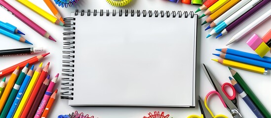 Top view of blank notebook surrounded by colorful school supplies pencils, markers, scissors on white background. Flat lay.