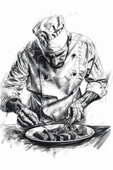 Wall Mural - A black and white sketch of a chef meticulously plating a gourmet dish