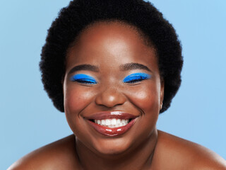 Sticker - Portrait, makeup and black woman with cosmetics, dermatology and luxury on white studio background. African person, face and model with beauty, artistic and smile with shine, eyeshadow or glowing