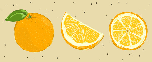 Poster - Set of oranges. Sweet bright orange slice or half in trendy retro vintage style. Cartoon yellow fresh food collection. Cute fruit icon. Hand drawn isolated vector illustration on pastel background