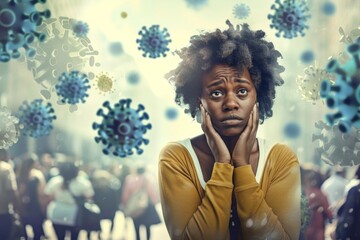 Her expression reveals trepidation and unease tense moment. Scared her nervousness becomes apparent she looks apprehensively. Black woman faces her fears crowded public setting.