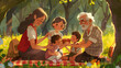 © Erika - dibujo de un dia soleado festejando a los abuelos haciendo un pic nic al exterior en el bosque celebrando el dia de los abuelos paseo familiar