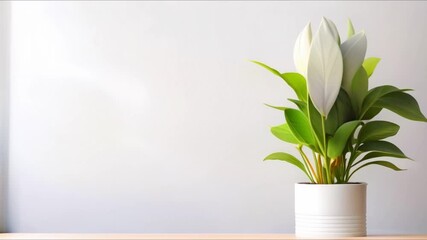 Wall Mural - Modern white potted houseplant against a minimalistic background. Concept Minimalistic Decor, Indoor Plants, White Pot, Modern Interior Design, Home Decor