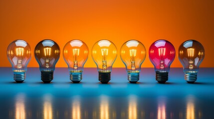 Glowing light bulbs on orange and blue background symbolizing creativity and ideas