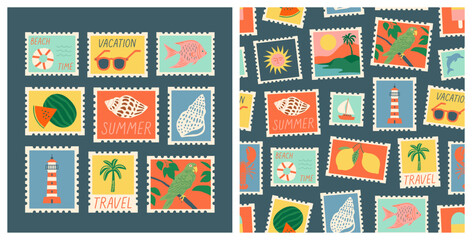 Set of vintage summer post card stamp seamless pattern. Retro style beach vacation postage sticker background illustration. Summertime season mail postmark texture print, postal label wallpaper.