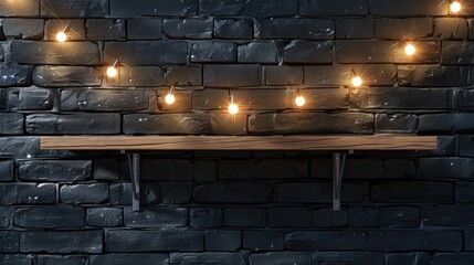 Sticker - Brown wooden shelf against black brick wall with string lights ideal for showcasing products or designs