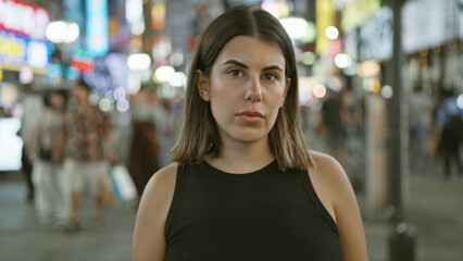 Poster - Beautiful hispanic woman's serious expression captured in cityscape portrait, standing strong on tokyo's urban streets under illuminating night lights