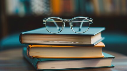 academic preparation - stack of textbooks with bookmarks and eyeglasses, ready for studying and rese