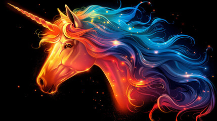 Poster - Intricate psychedelic unicorn portrait on black background