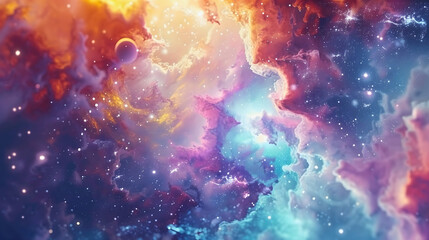 Wall Mural - nebula in space filled with stars and moons, alongside various planets.