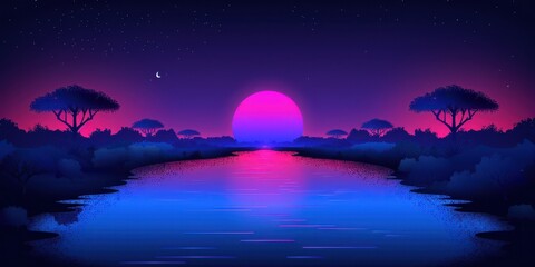 Wall Mural - Vibrant Digital Art of a Scenic River Sunset in Neon Colors with Silhouetted Trees and Reflective Water Surface