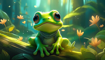 Wall Mural - Cute little green baby frog, illustration.